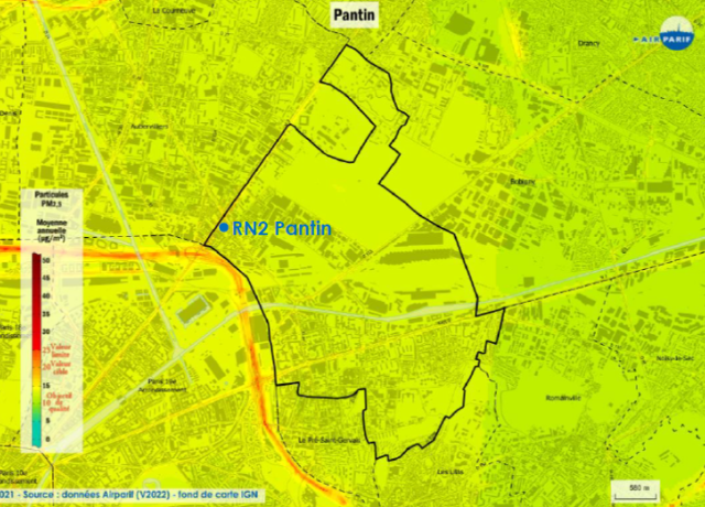 Carte des concentrations annuelles de PM10 à Pantin